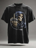 Middle Finger Skull Print Casual Short Sleeve T-shirt