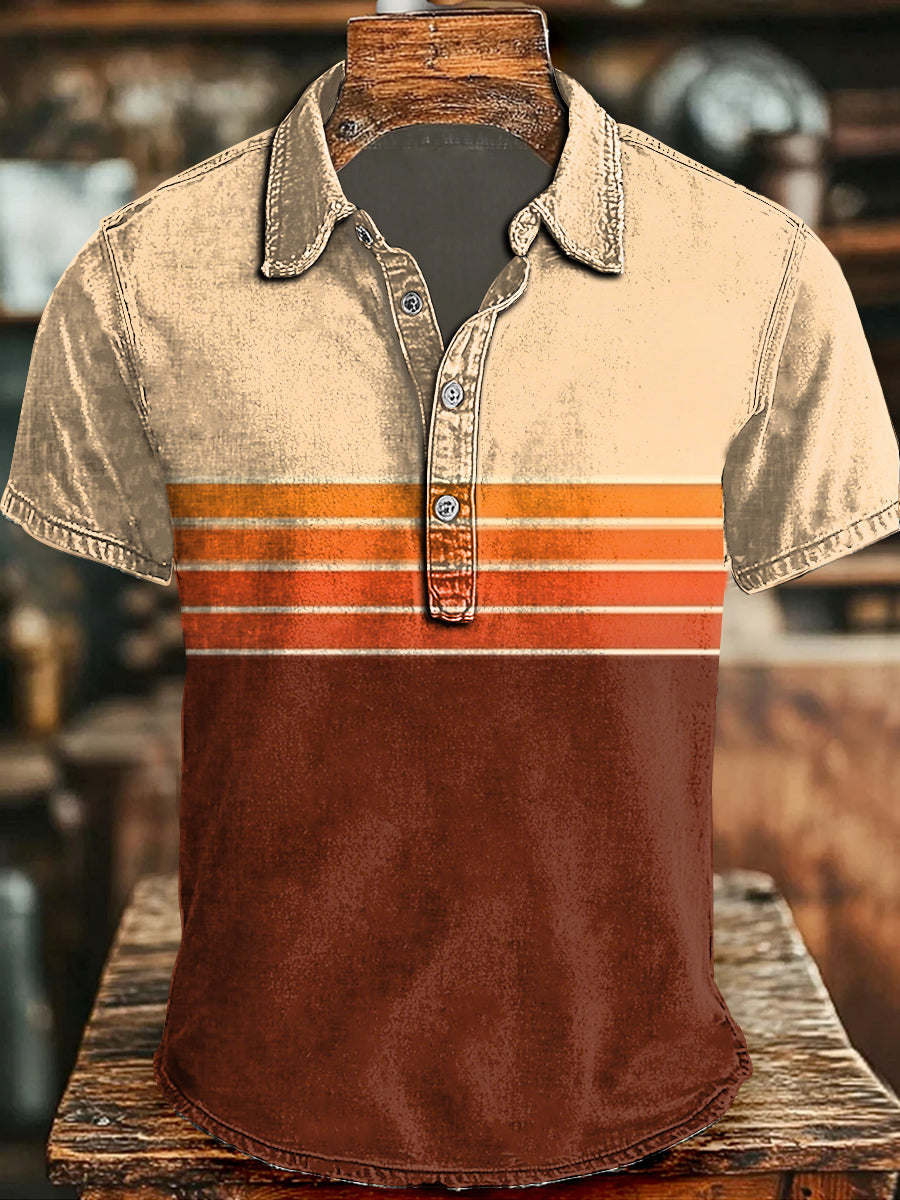Color-Blocked Striped Print Casual Short-Sleeved Shirt