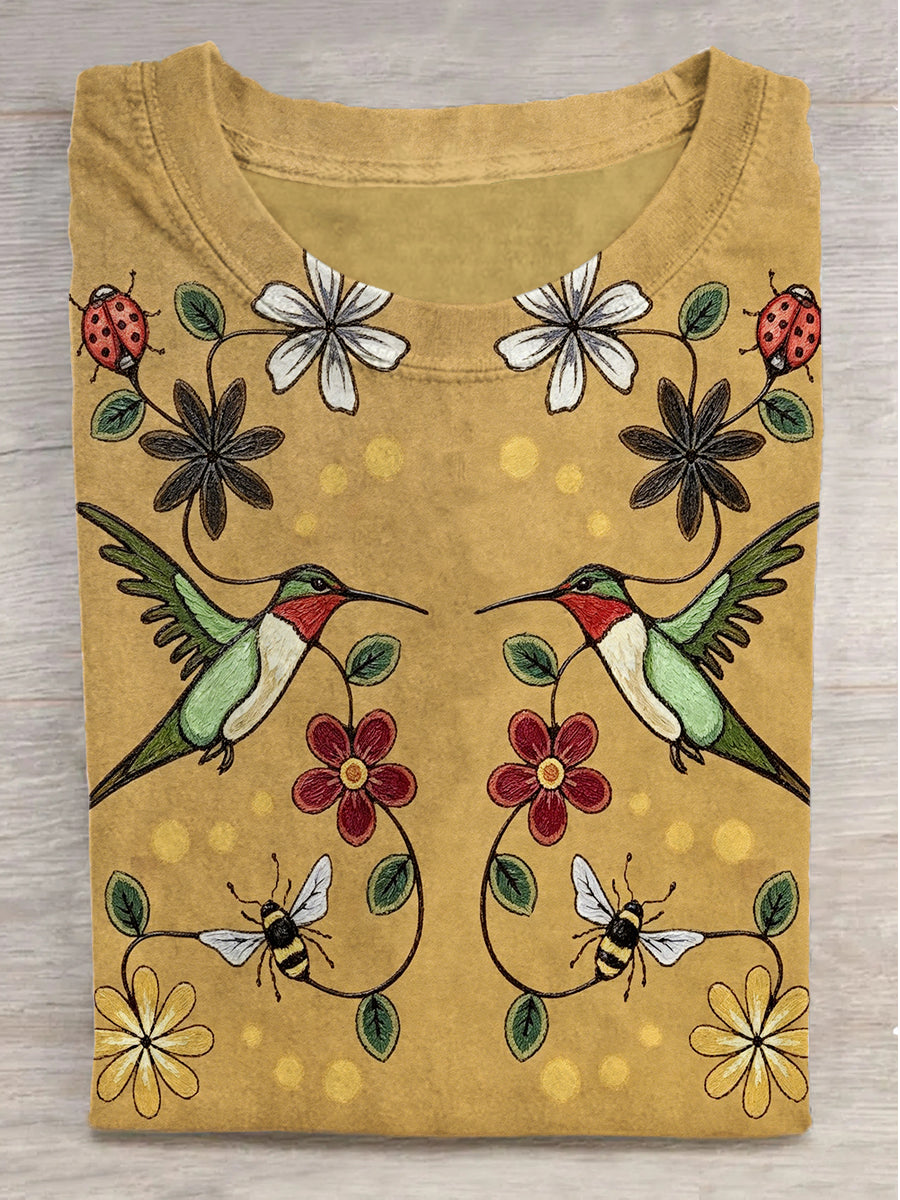 Spring Hummingbird Print Casual Short-Sleeve T-Shirt