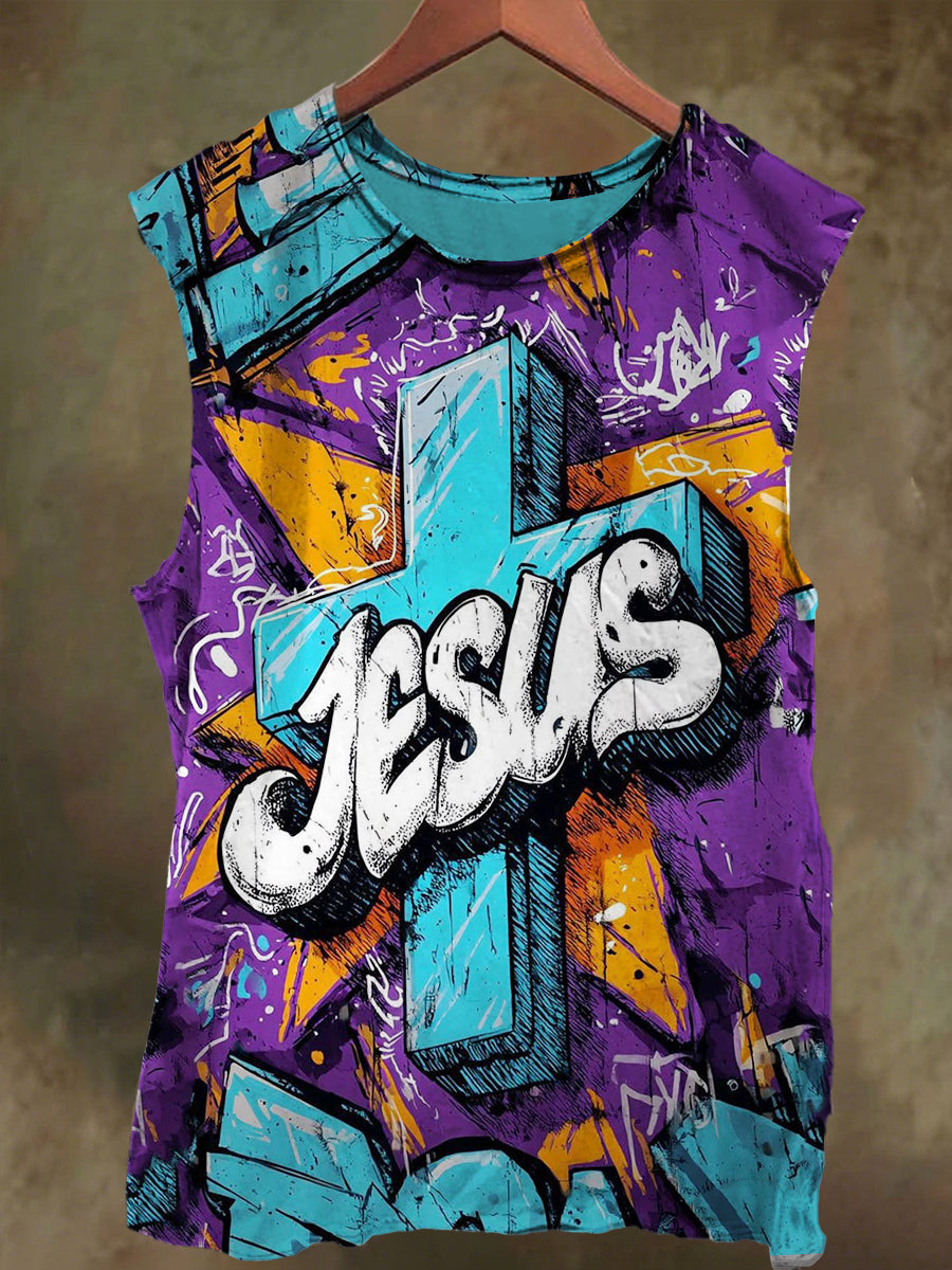 Unisex Rock Cross Print Casual Cotton Vest