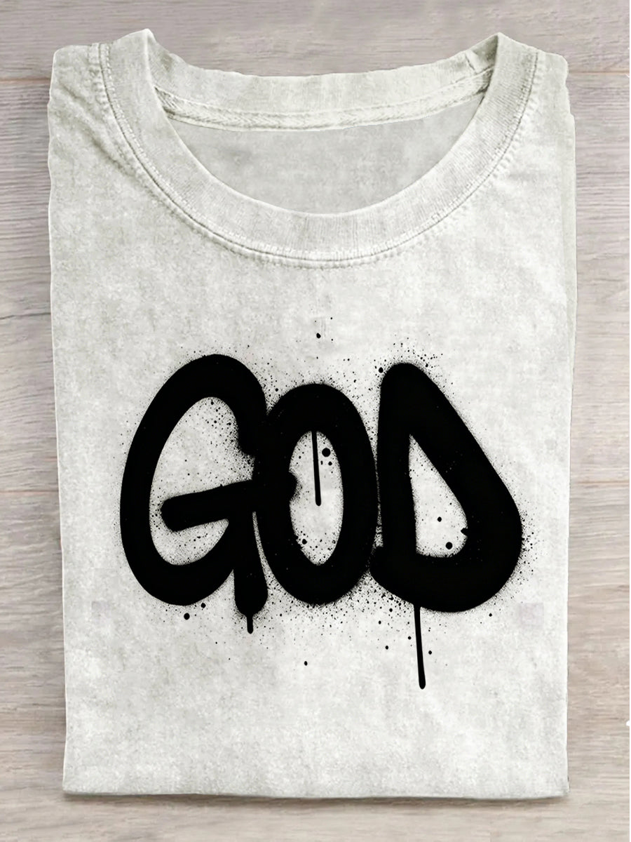 God Spray Paint Print Casual Short-Sleeve T-Shirt