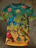 Gradient Garden Bird Print Casual Short-Sleeve T-Shirt
