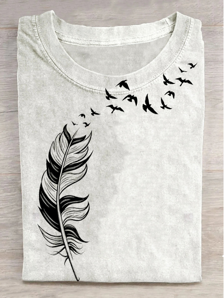 Feather Print Casual Short-Sleeve T-Shirt