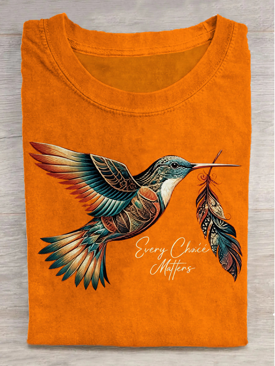 Hummingbird Feather Print Casual Short-Sleeve T-Shirt