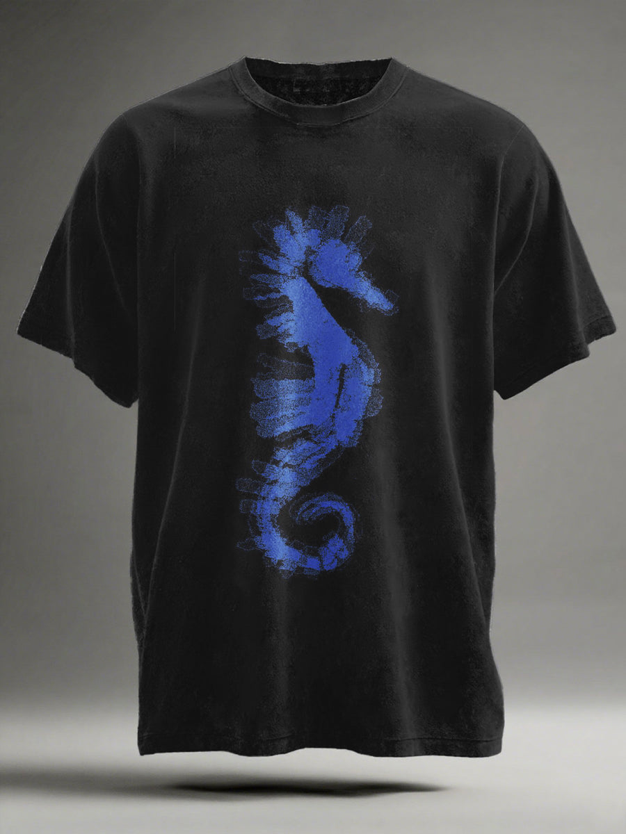 Blue Seahorse Print Casual Short-Sleeve T-Shirt