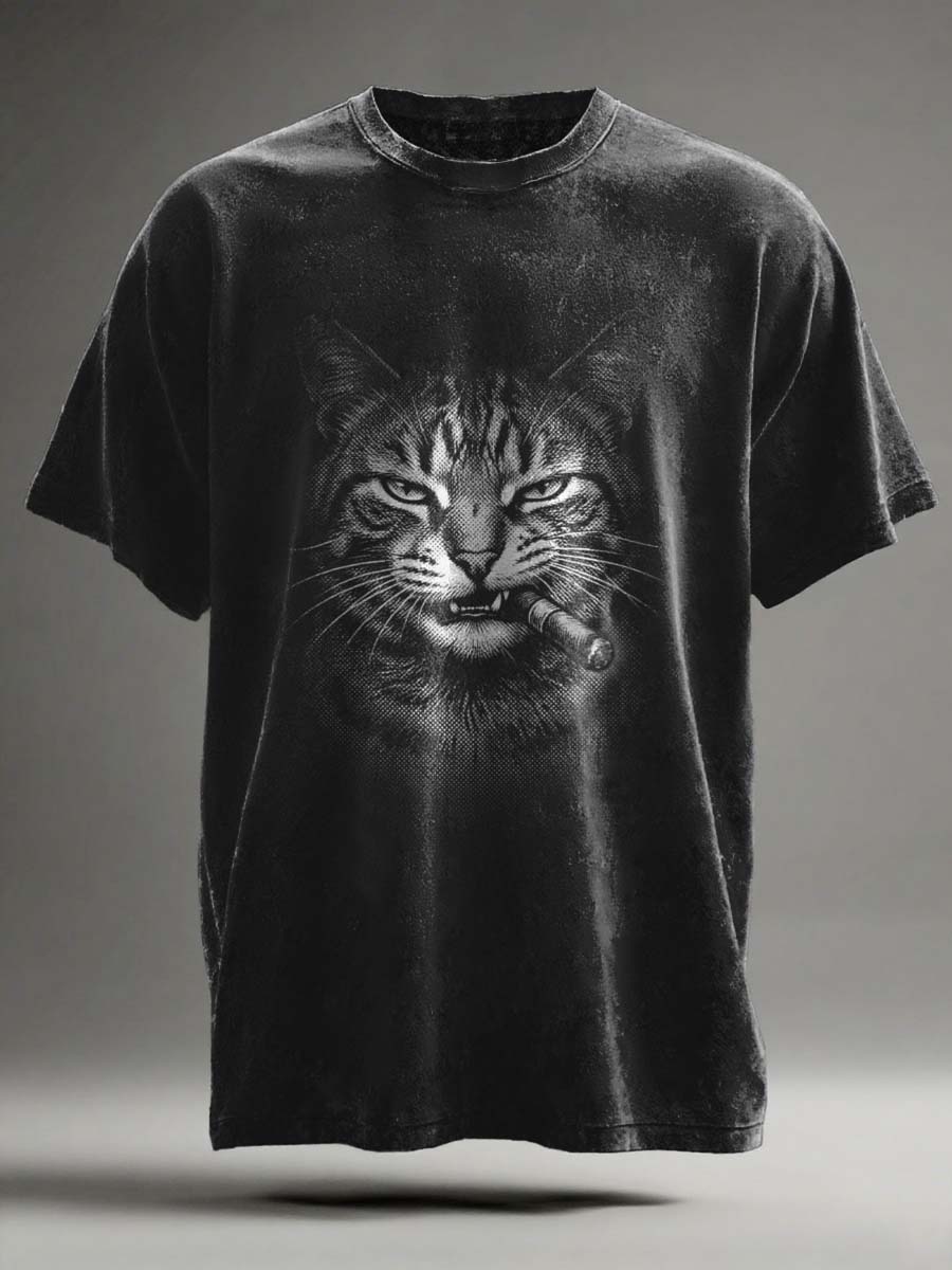 Cigar Cat Print Casual Short-Sleeve T-Shirt