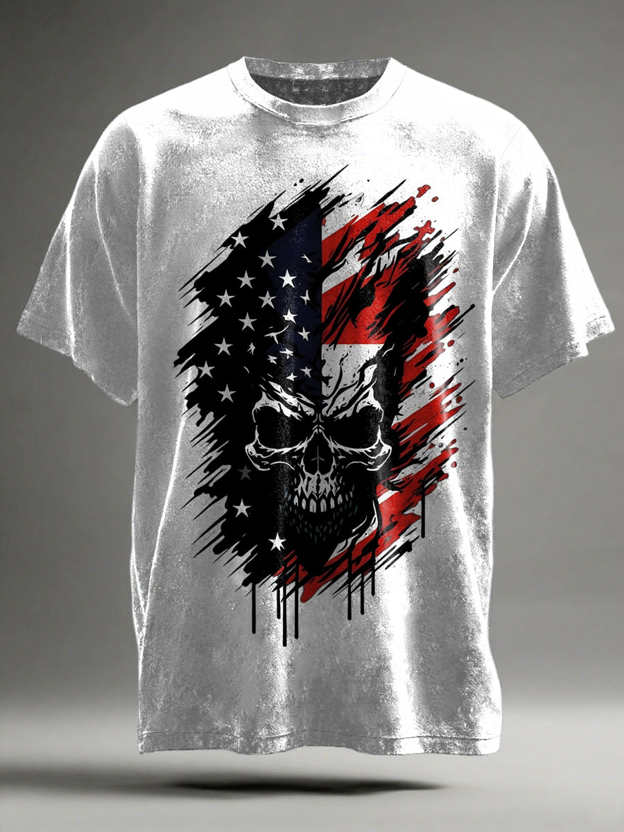 Flag Skull Splatter Print Casual Short-Sleeve T-Shirt