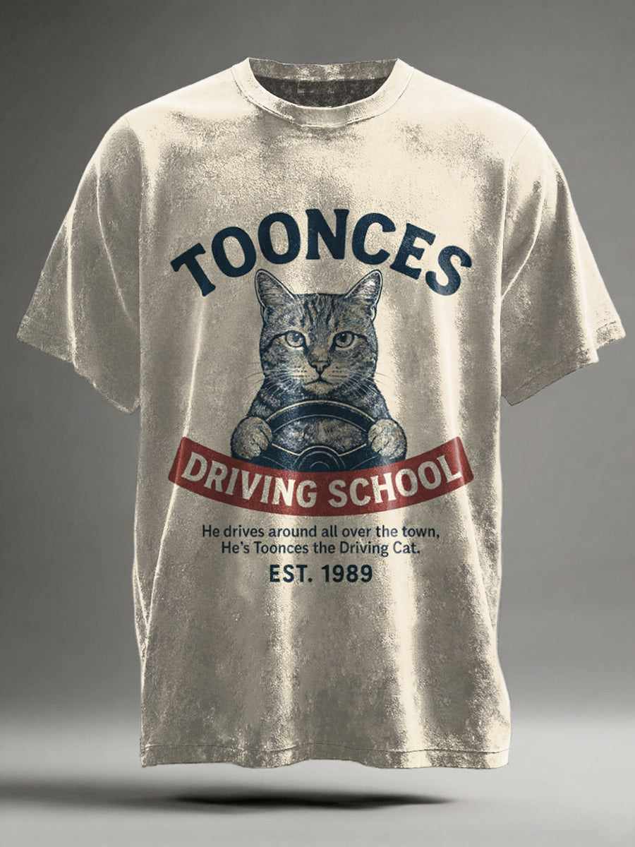 Retro American Cartoon Striped Cat Print Casual Short-Sleeve T-Shirt