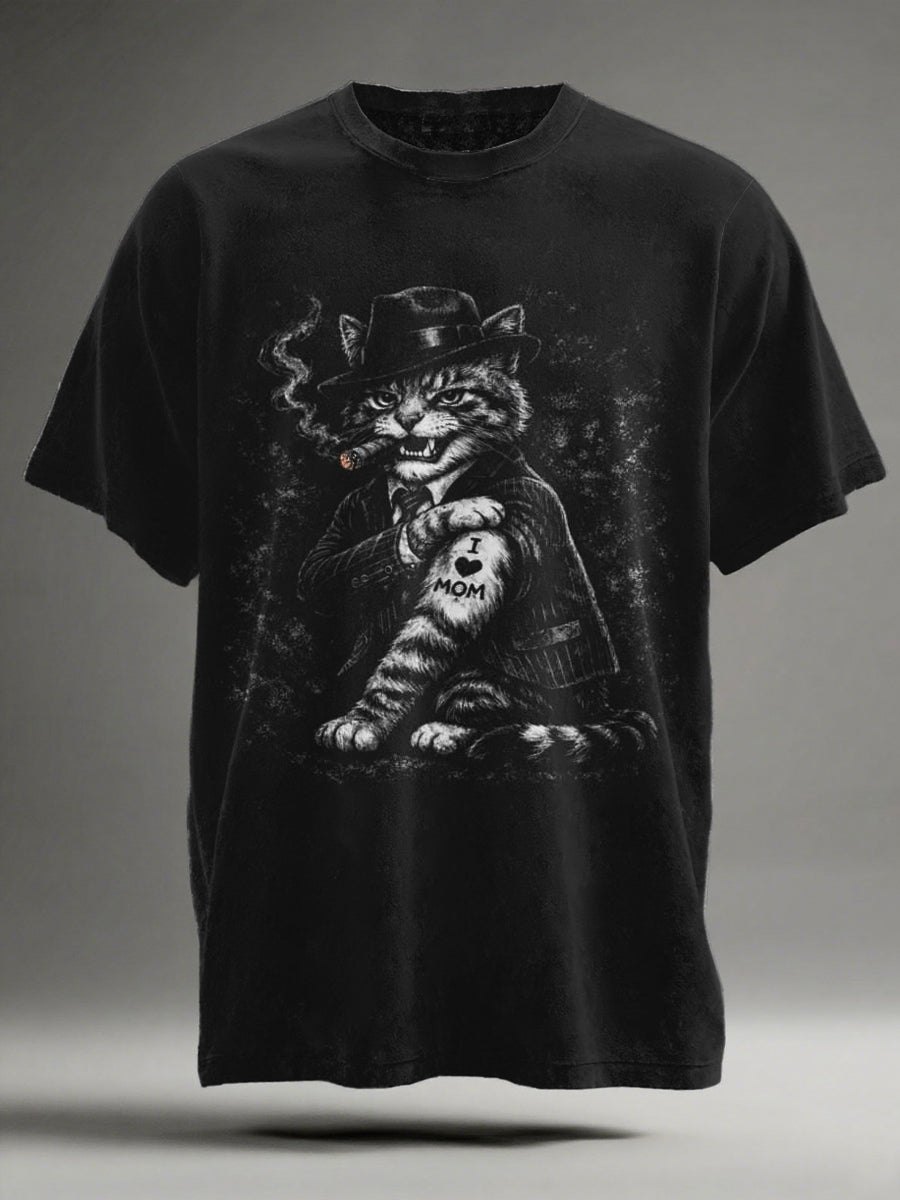 Mafia Gentleman Cat Print Casual Short-Sleeve T-Shirt