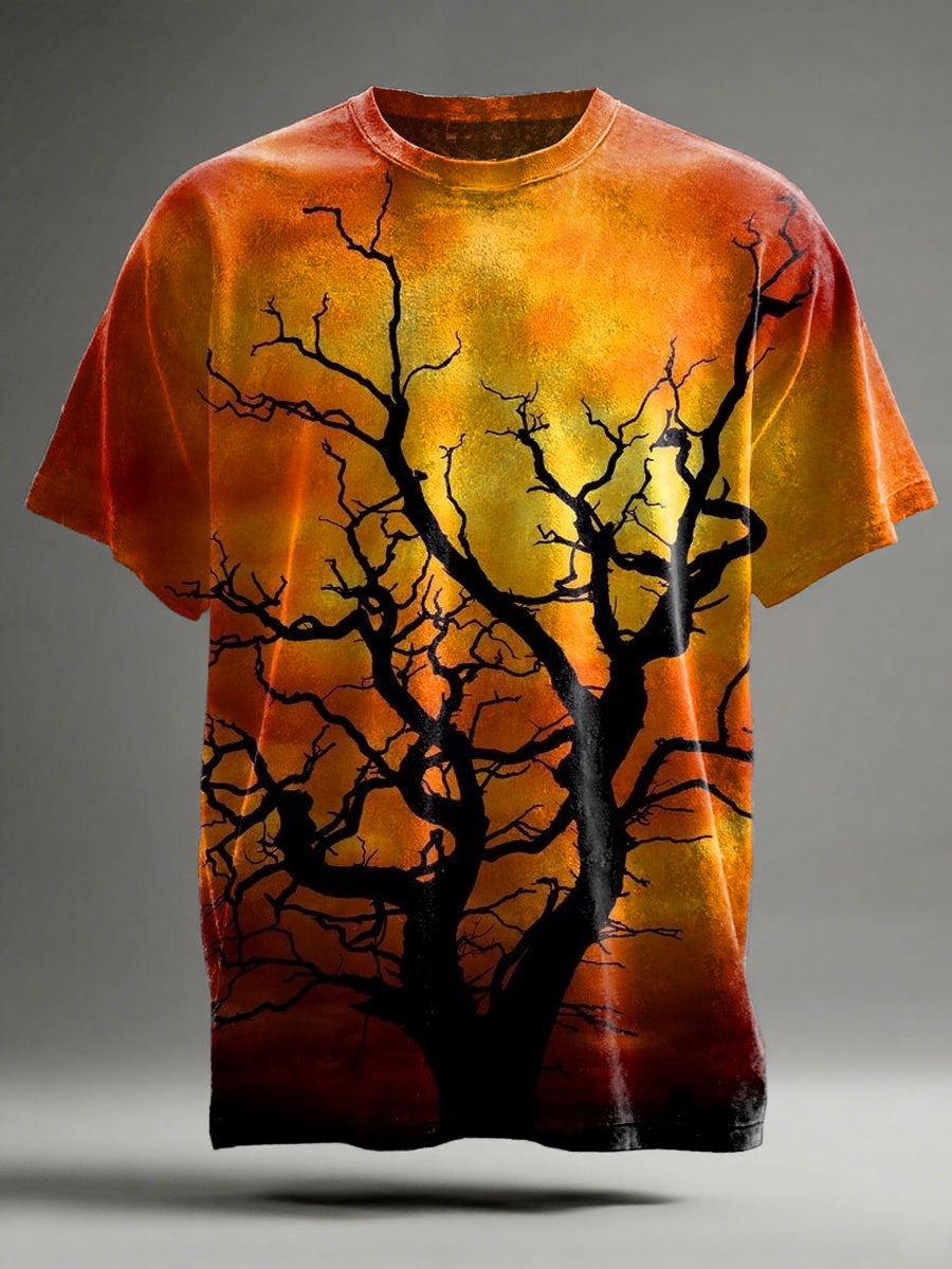 Sunset and Bare Tree Silhouette Printed Casual Short-Sleeve T-Shirt