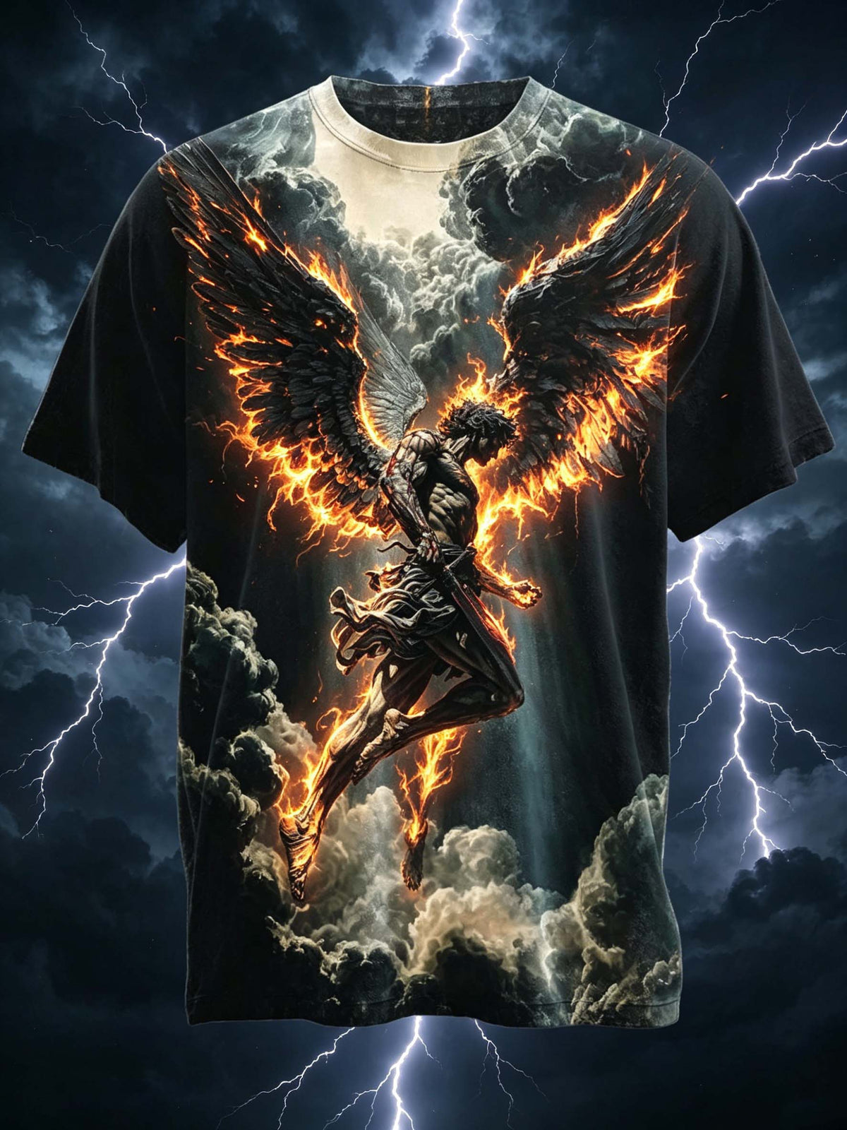 Flaming Battle Fallen Angel Printed Casual Short-Sleeve T-Shirt