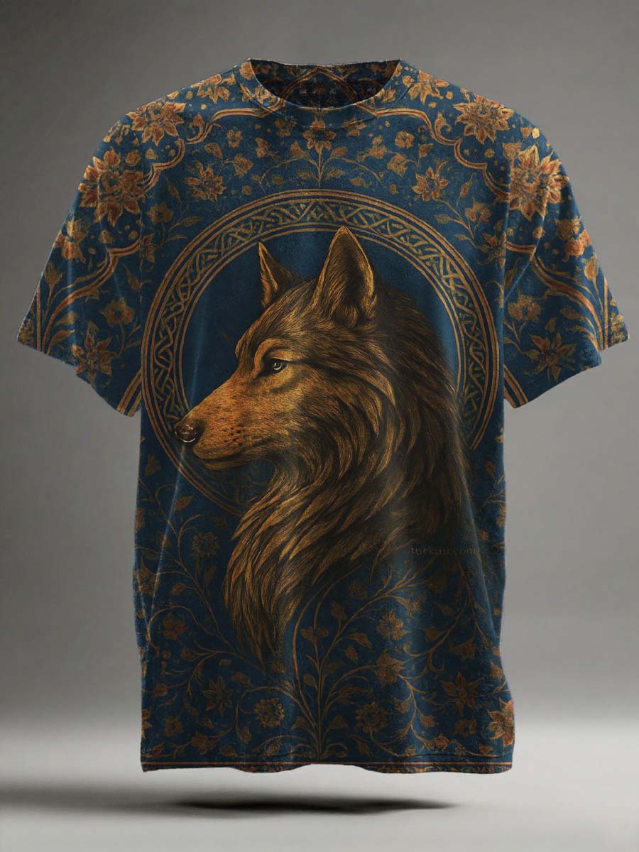 Retro Oil Painting Wolf Totem Art Print Short-Sleeve T-Shirt