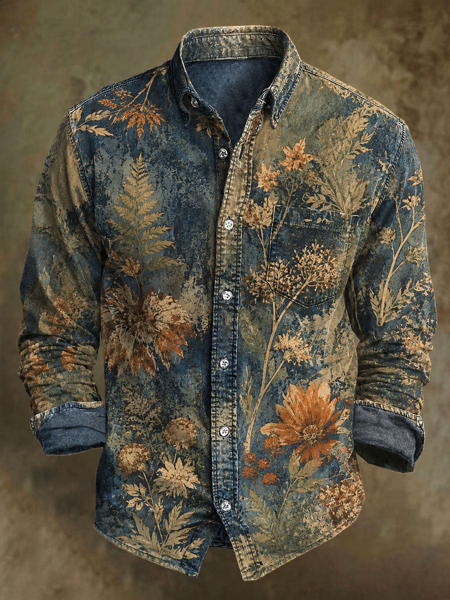 Vintage Floral Print Casual Long-Sleeve Shirt