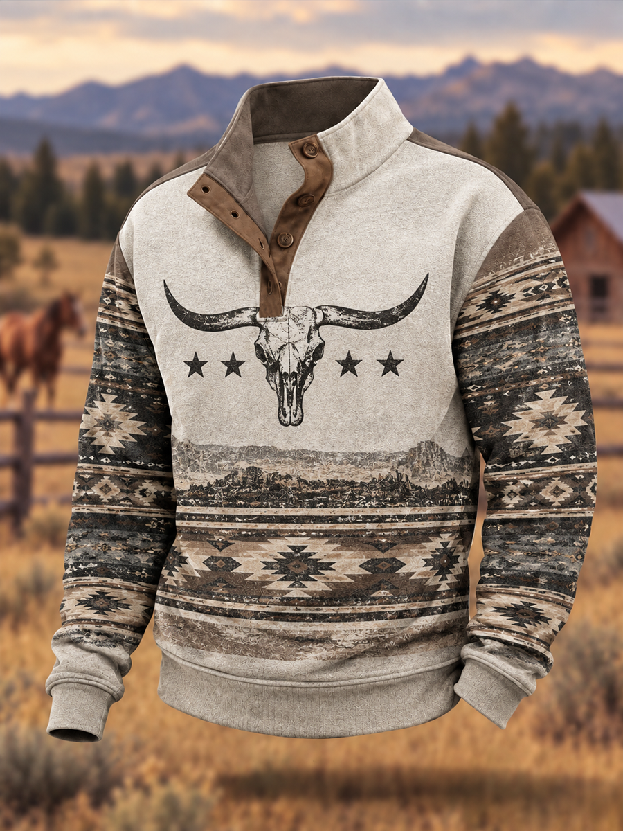 Men's Western-style print four-button hoodie