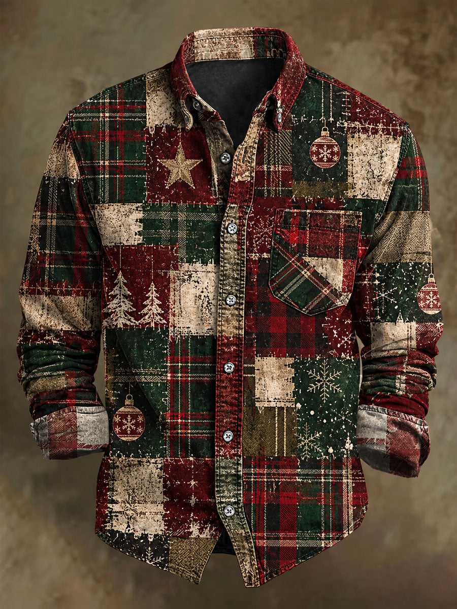 Men's Christmas Vintage Patchwork Plaid Print Casual Long-Sleeve Shirt
