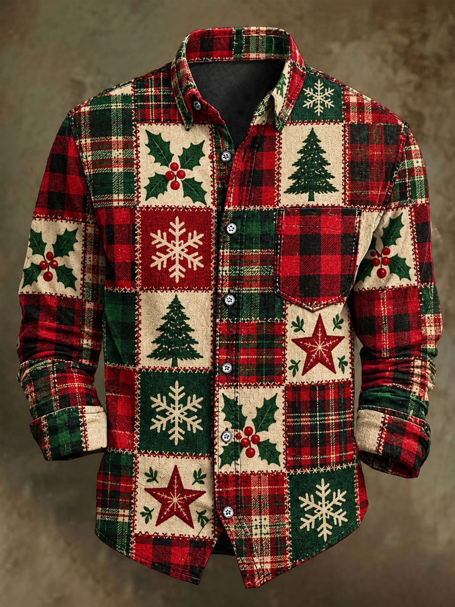 Men's Christmas Vintage Patchwork Plaid Print Casual Long-Sleeve Shirt