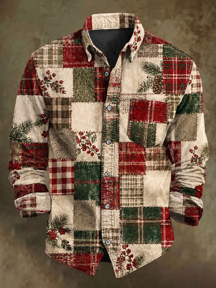 Men's Christmas Vintage Patchwork Plaid Print Casual Long-Sleeve Shirt