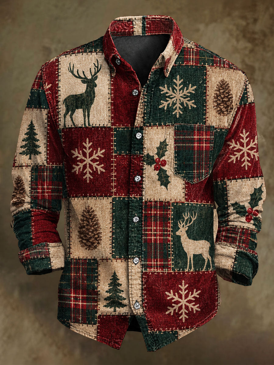 Men's Christmas Vintage Patchwork Plaid Print Casual Long-Sleeve Shirt