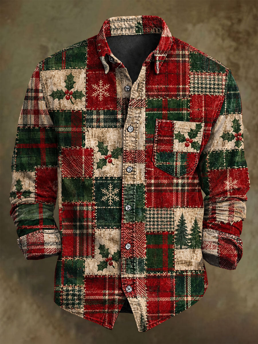Men's Christmas Vintage Patchwork Plaid Print Casual Long-Sleeve Shirt