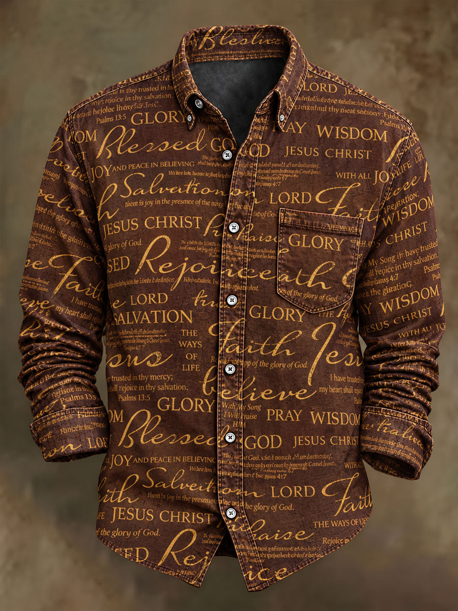Men's Faith Patchwork Print Casual Long-Sleeve Shirt