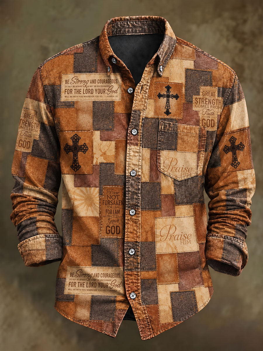 Men's Faith Patchwork Print Casual Long-Sleeve Shirt