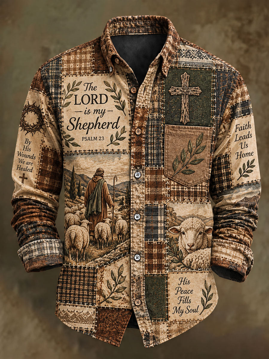 Men's Faith Patchwork Print Casual Long-Sleeve Shirt