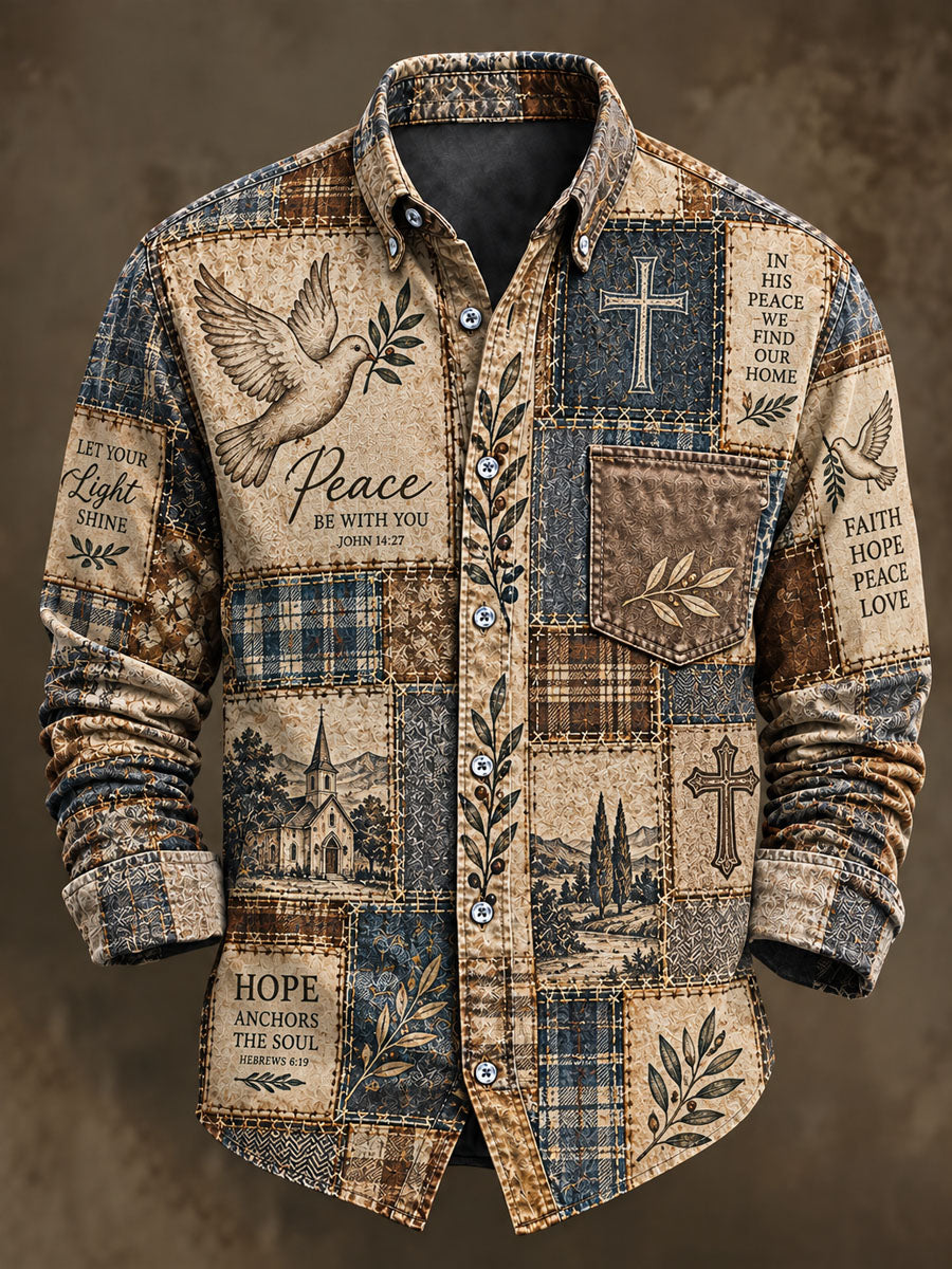 Men's Faith Patchwork Print Casual Long-Sleeve Shirt