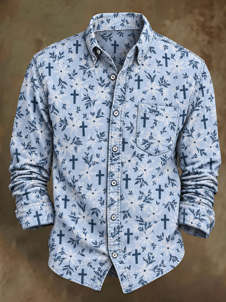 Men's Faith Patchwork Print Casual Long-Sleeve Shirt