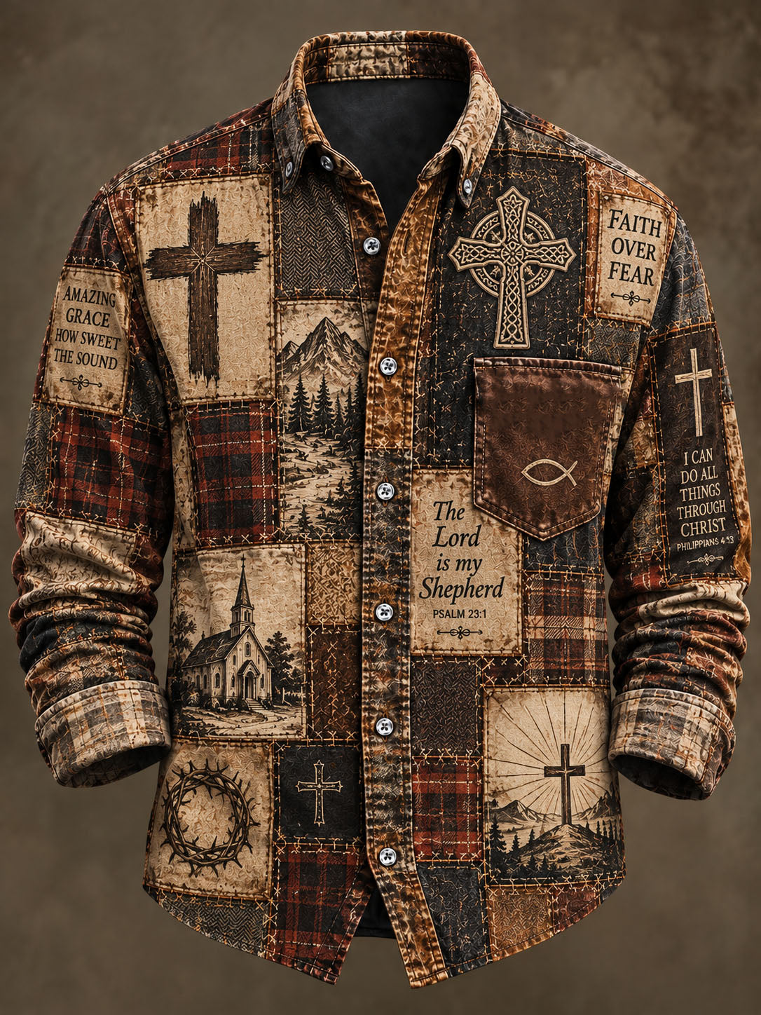 Men's Faith Patchwork Print Casual Long-Sleeve Shirt