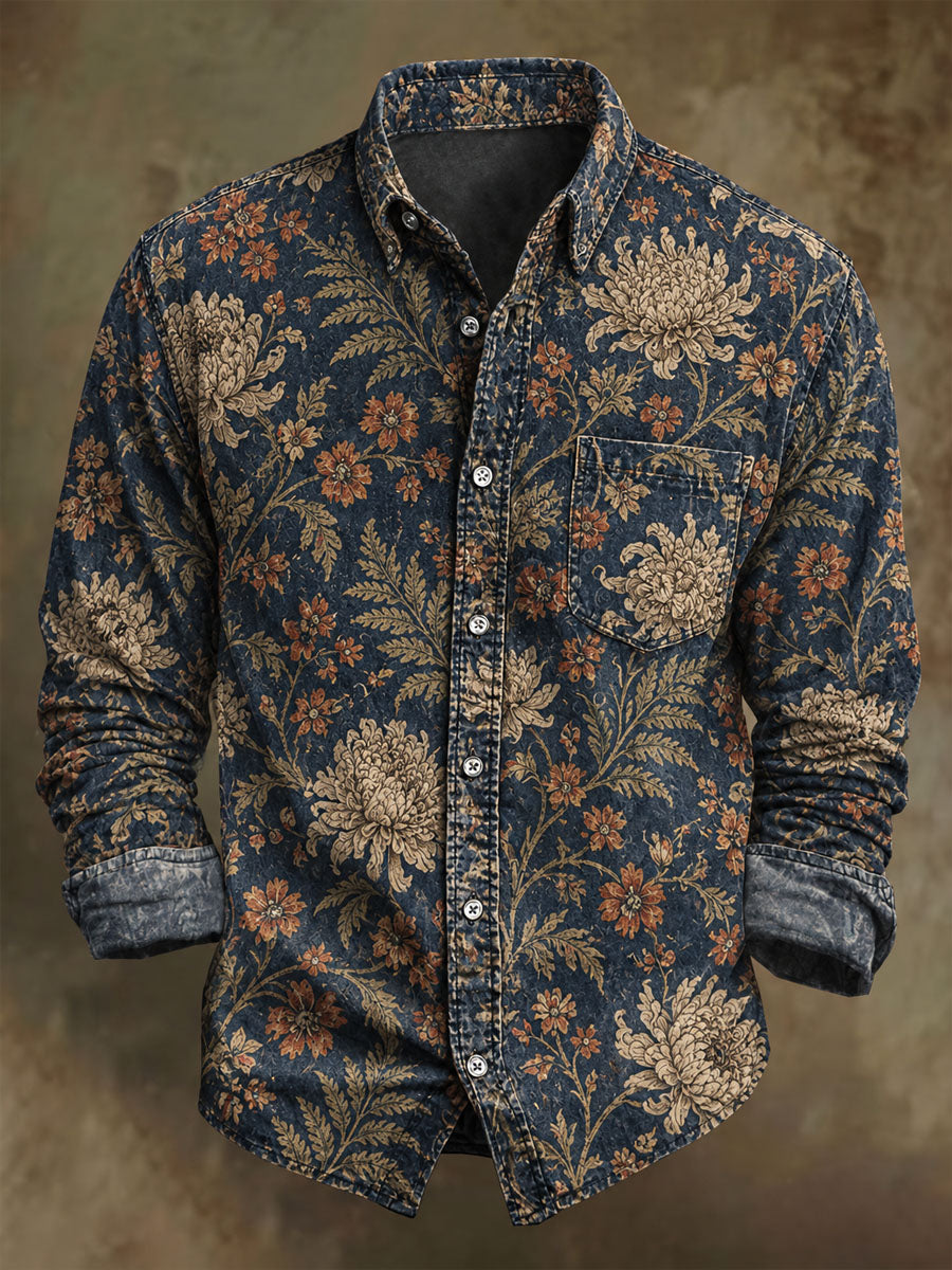 Men's Vintage Floral Print Casual Long-Sleeve Shirt
