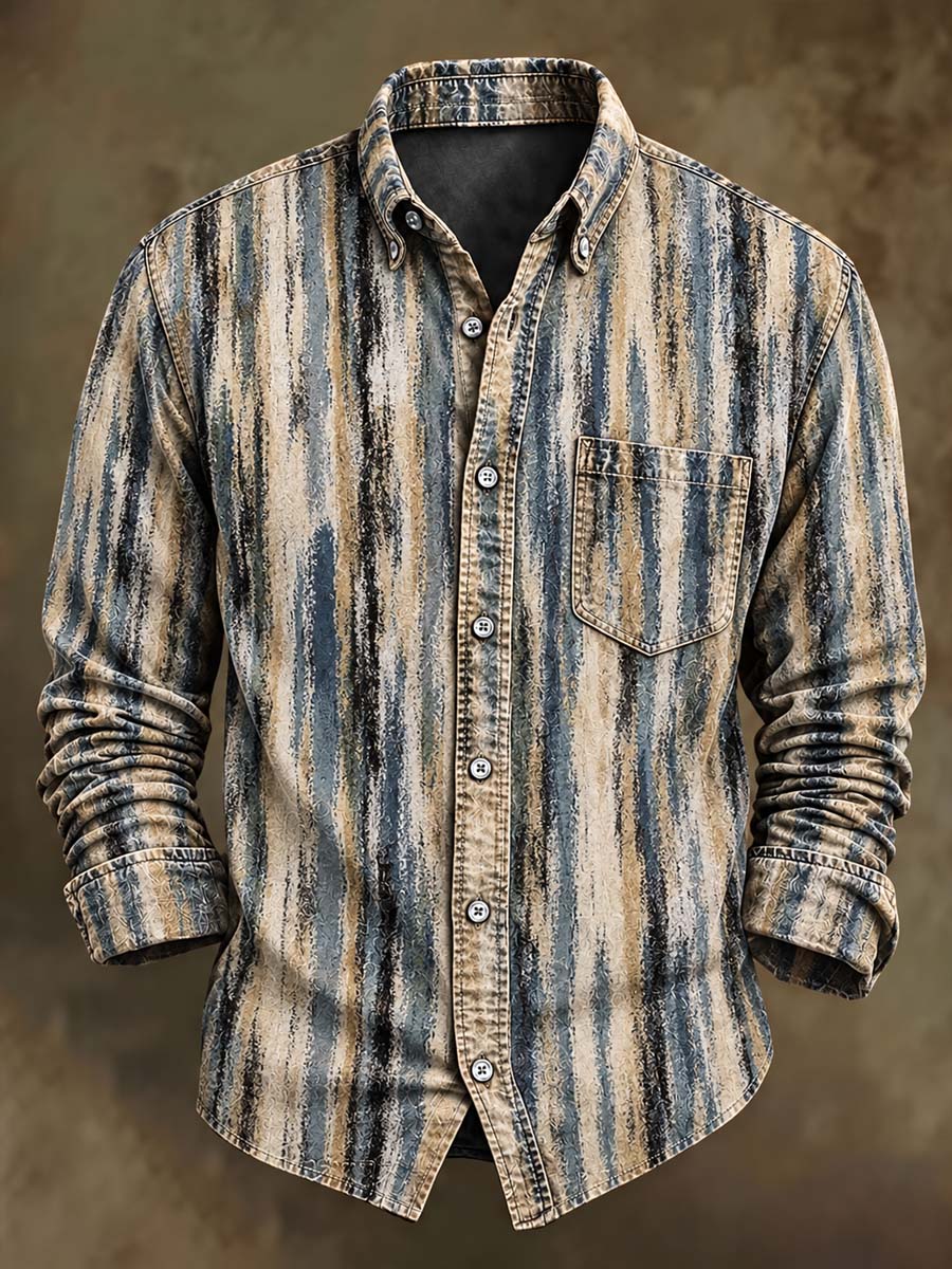 Men's Retro Striped Print Casual Long-Sleeve Shirt
