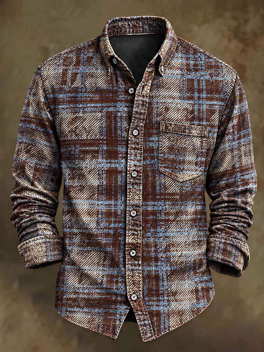 Men's Retro Plaid Print Casual Long-Sleeve Shirt