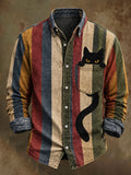 Men's Retro Black Cat Stripe Print Casual Long-Sleeve Shirt