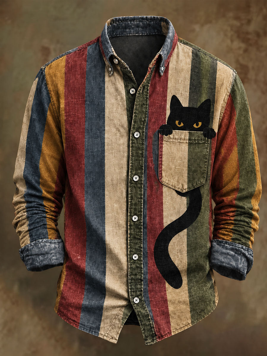 Men's Retro Black Cat Stripe Print Casual Long-Sleeve Shirt