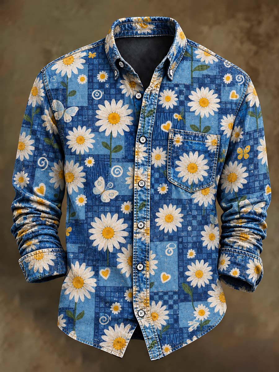 Men's Vintage Floral Plaid Print Casual Long-Sleeve Shirt