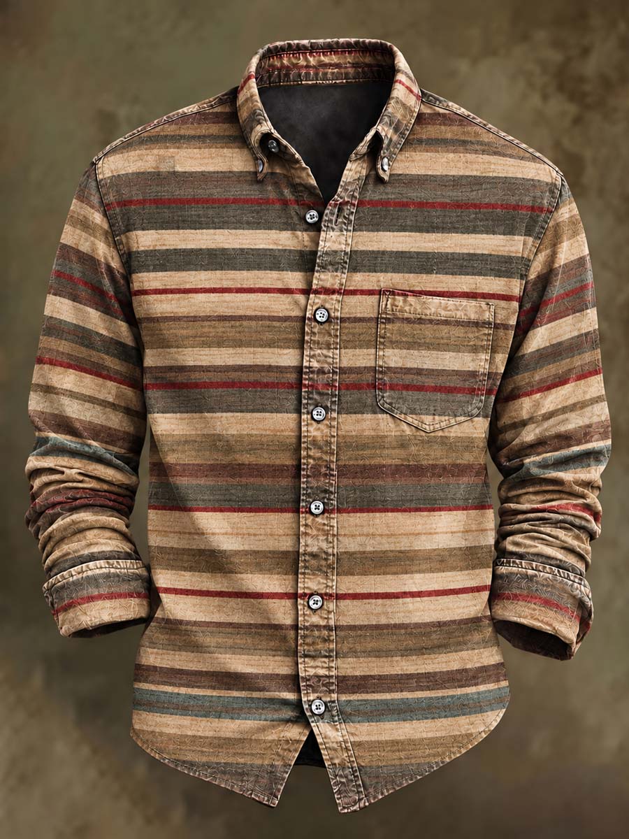Men's Retro Striped Print Casual Long-Sleeve Shirt
