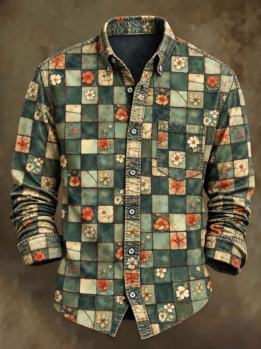 Men's Vintage Floral Plaid Print Casual Long-Sleeve Shirt