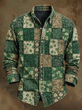 Men's Retro Four-Leaf Clover Patchwork Plaid Print Casual Long-Sleeve Shirt