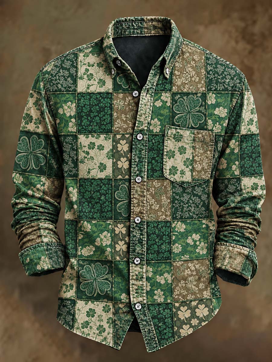 Men's Retro Four-Leaf Clover Patchwork Plaid Print Casual Long-Sleeve Shirt
