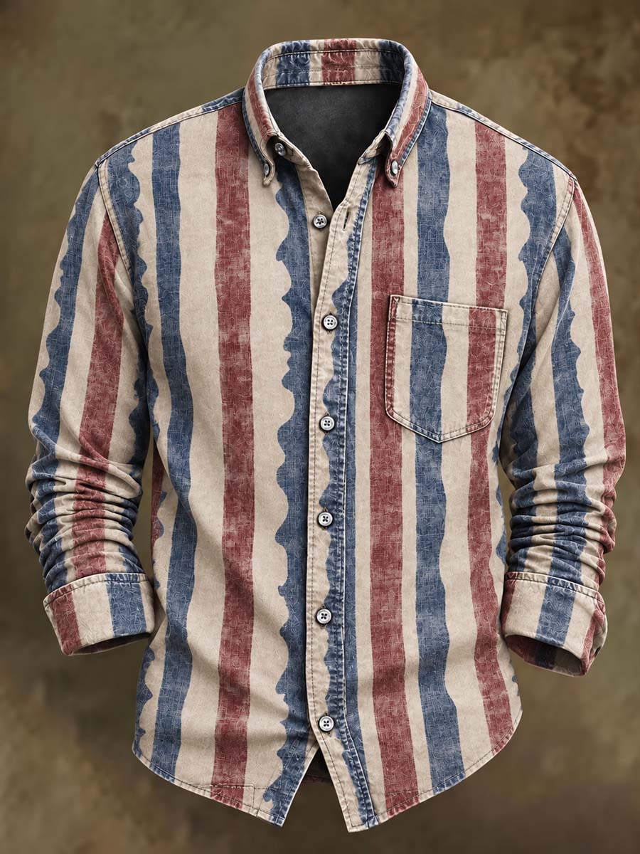 Men's Retro Striped Print Casual Long-Sleeve Shirt