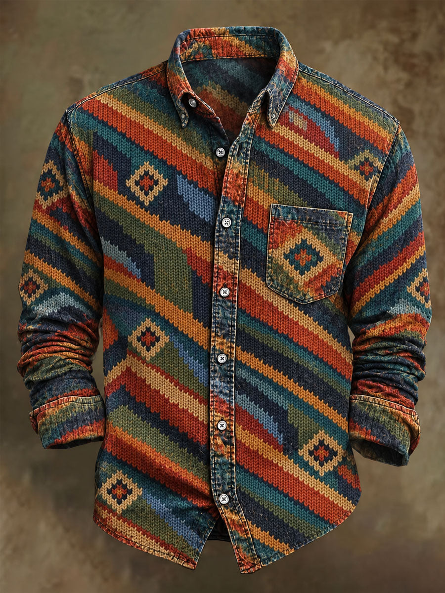 Men's Retro Striped Print Casual Long-Sleeve Shirt