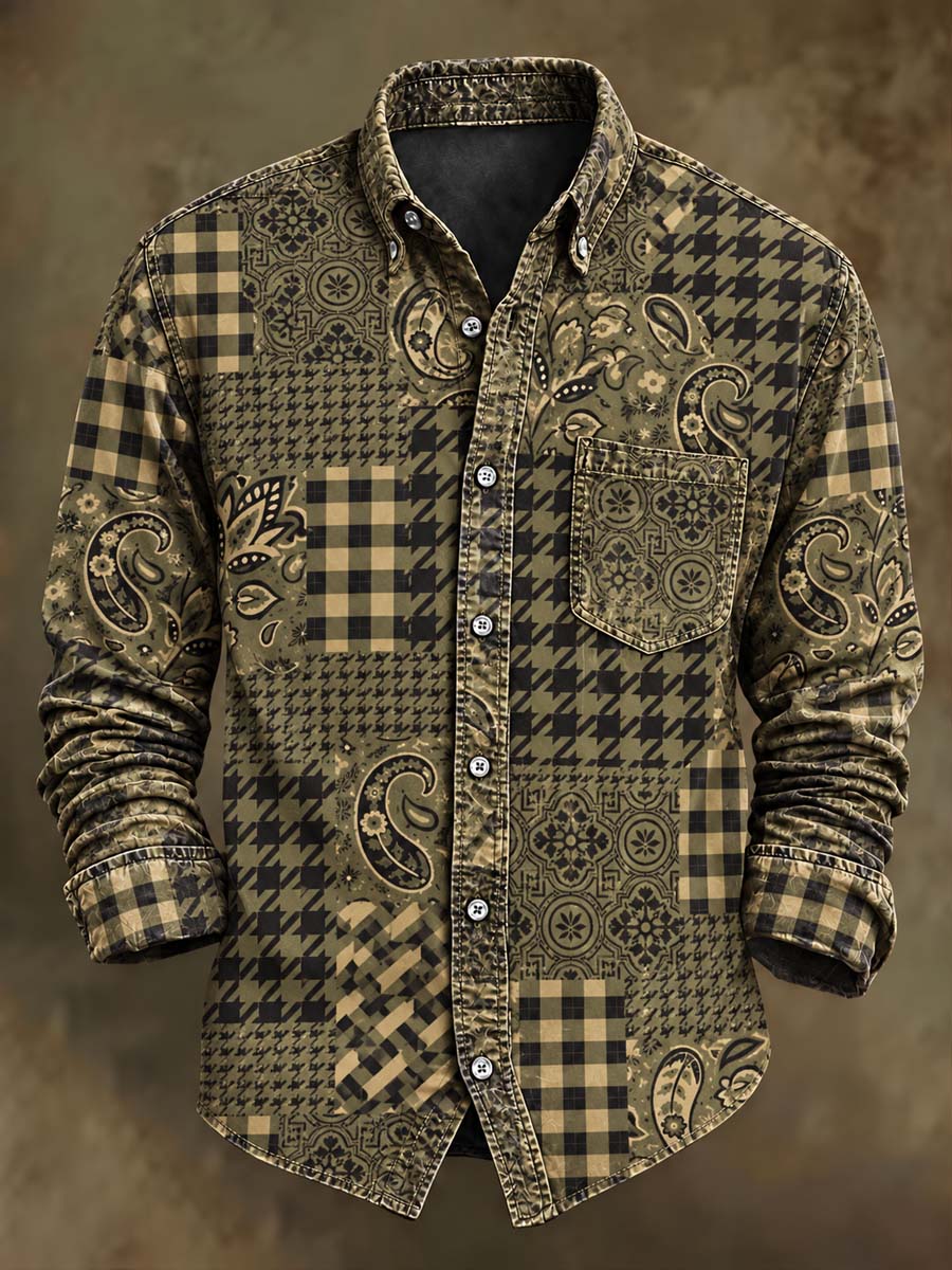 Men's Retro Patchwork Plaid Print Casual Long-Sleeve Shirt