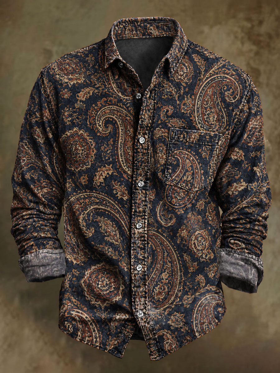 Men's Vintage Floral Print Casual Long-Sleeve Shirt