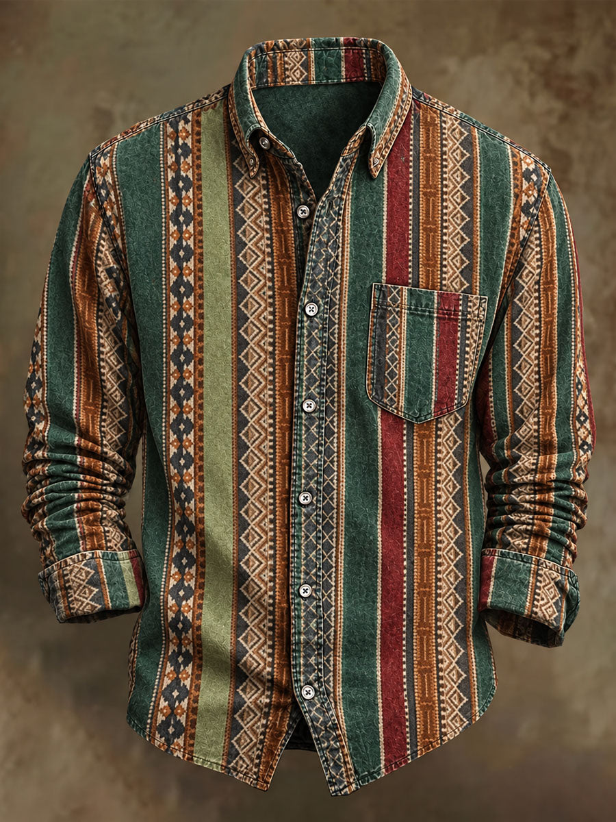 Men's Retro Striped Print Casual Long-Sleeve Shirt