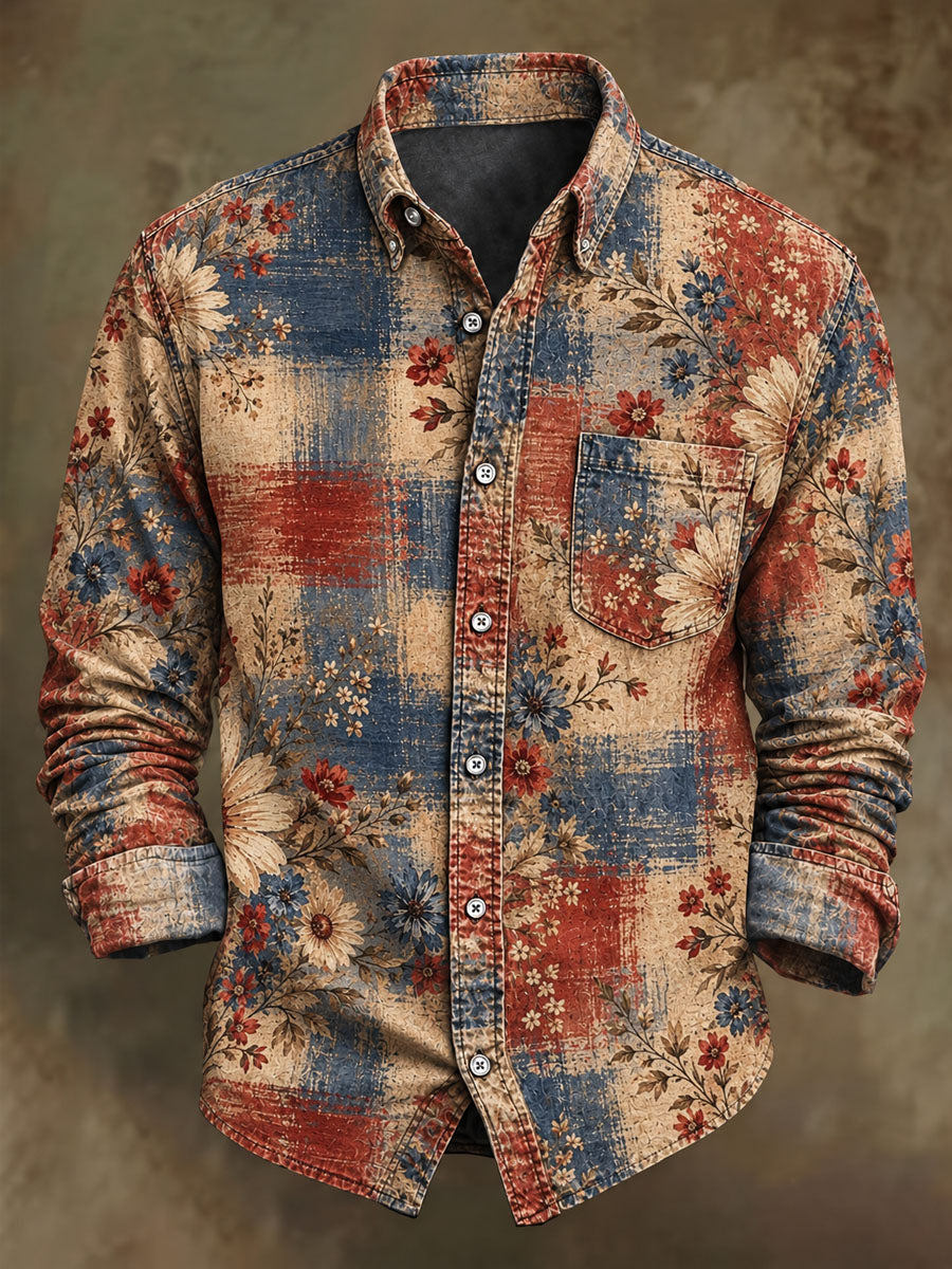 Men's Vintage Floral Print Casual Long-Sleeve Shirt