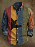 Men's Retro Black Cat Stripe Print Casual Long-Sleeve Shirt