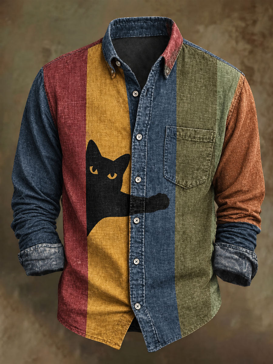Men's Retro Black Cat Stripe Print Casual Long-Sleeve Shirt